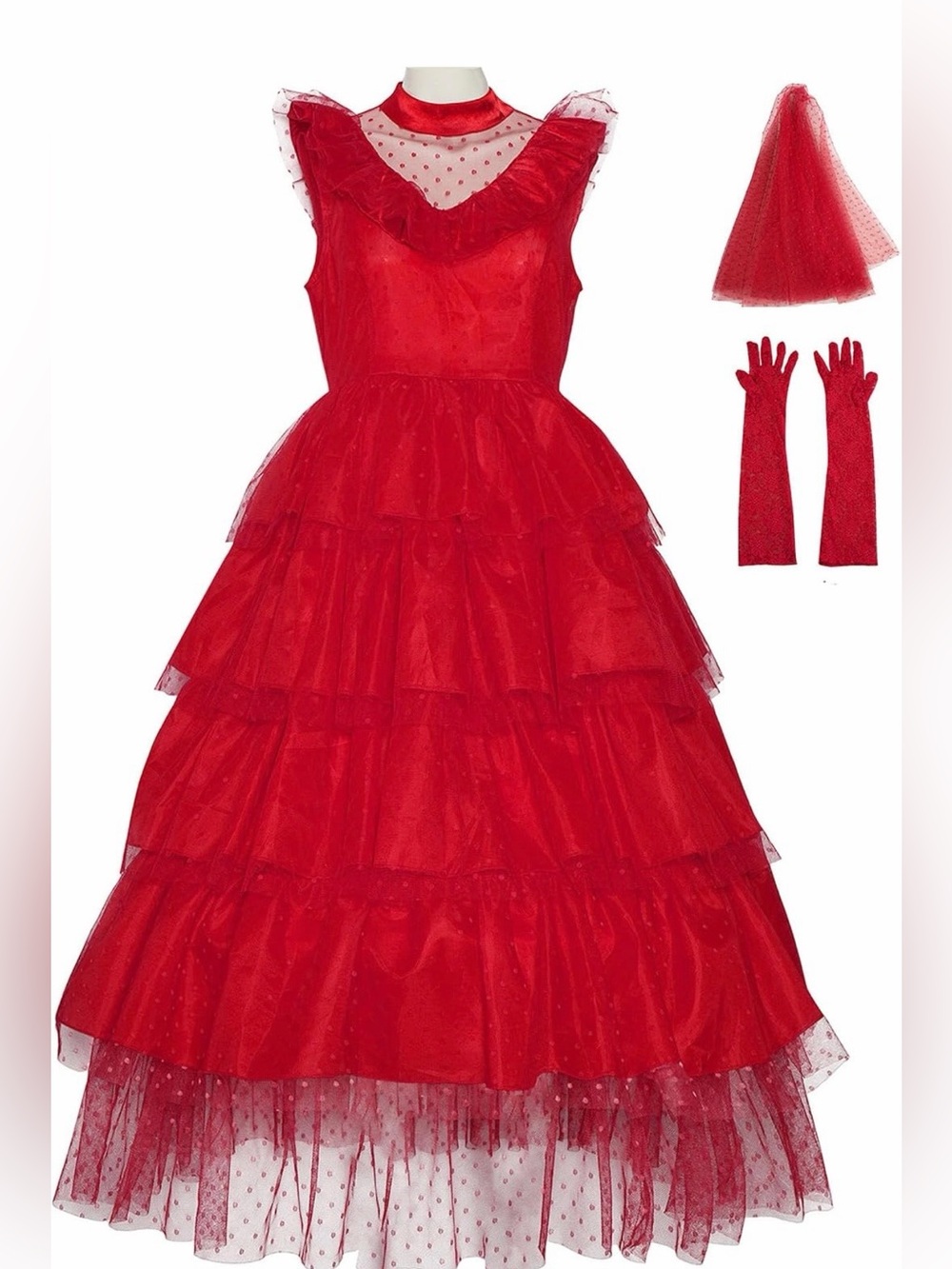 LYDIA BEETLEJUICE Costume Red Lace Dress Black Wig Gloves Veil Women’s Large (6)